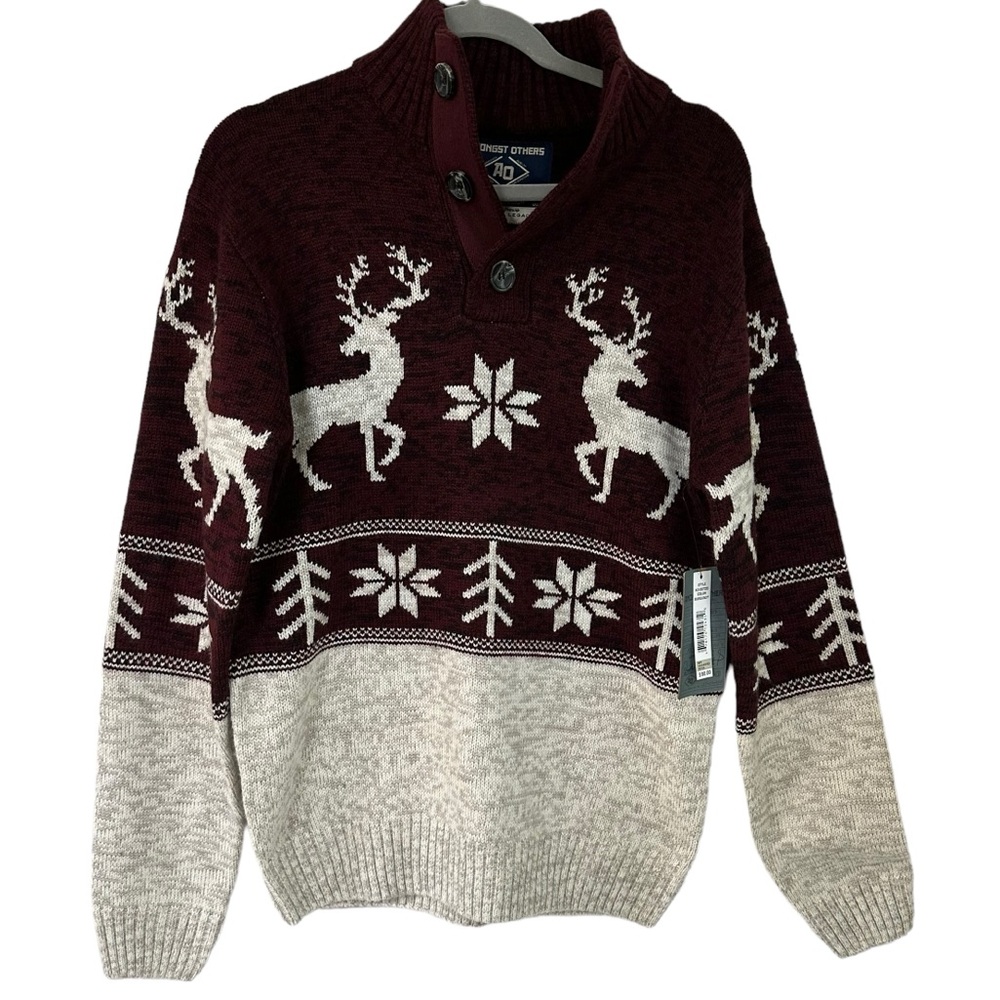 AO Amongst Others Mens M Fair Isle Deer Long Sleeve Sweater Button NWT
